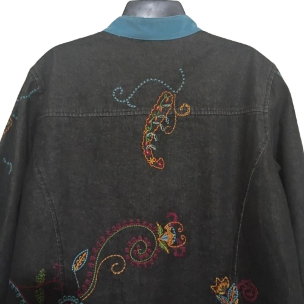 Denim & Co Floral Paisley Embroidered Artisian Inspire Vtg Jean Jacket Lge Boho - Picture 16 of 16